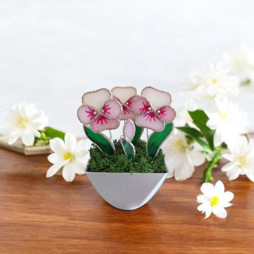 Elegáns üveg virágdísz - Árvácska kaspóban örökvirág dekoráció