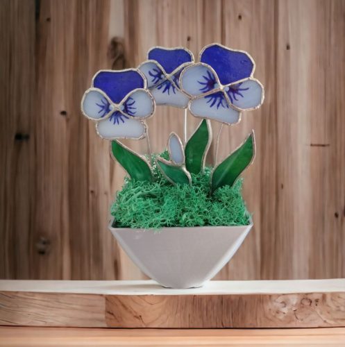 Elegáns üveg virágdísz - Kék árvácska kaspóban örökvirág dekoráció