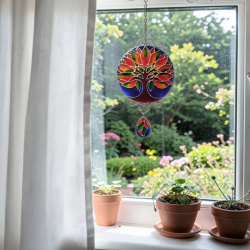 Gaia Életfa Mandala - Festett üveg ablakdekoráció