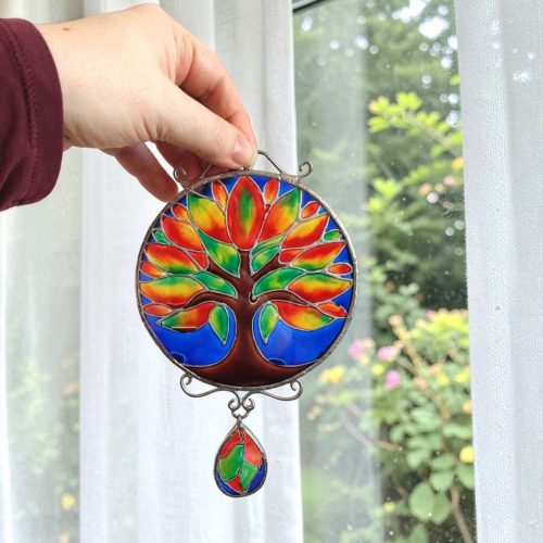 Gaia Életfa Mandala - Festett üveg ablakdekoráció