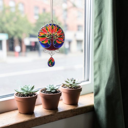 Gaia Életfa Mandala - Festett üveg ablakdekoráció