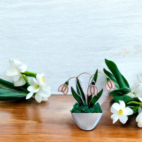 Üveg lakásdekoráció - Hóvirág kaspóban örökvirág