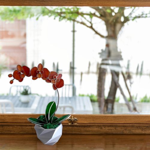 Látványos üveg lakásdísz - Orchidea kaspóban örökvirág
