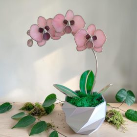 Látványos üveg lakásdísz - Rózsaszín Orchidea kaspóban 