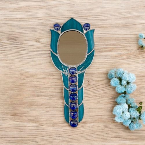 Tulipán formájú kézitükör - Türkiz