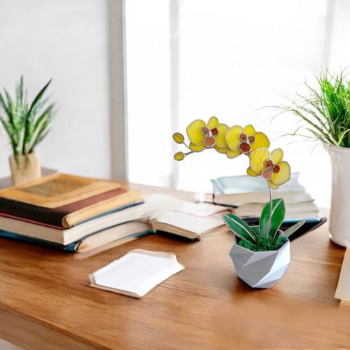 Üveg örökvirág lakásdekoráció - Sárga orchidea virág kaspóban