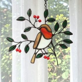 Vörösbegy faágon - Függeszthető ablakdekoráció